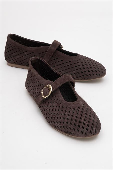 172-14300-3-KAHVERENGI SUETARİAN Kahverengi Süet Hakiki Deri Delikli Kadın Babet Ayakkabı