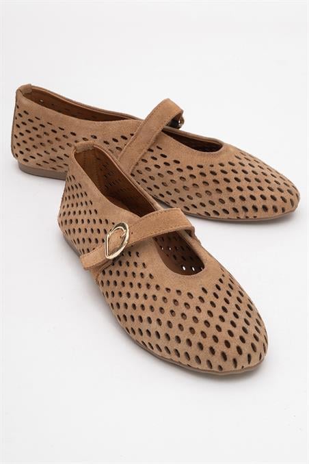 172-14300-2-TOPRAK SUETARİAN Toprak Süet Hakiki Deri Delikli Kadın Babet Ayakkabı
