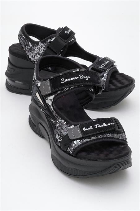 98-3032-5-SIYAH/GRI PAYETARTHUR Siyah- Gri Payet Bantlı Kalın Taban Kadın Spor Sandalet