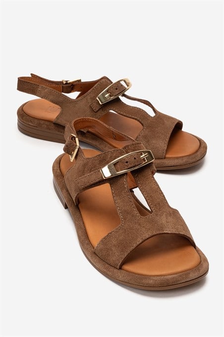 186-1265-5-TABA SUETAUREN Taba Süet Hakiki Deri Tokalı Kadın Sandalet