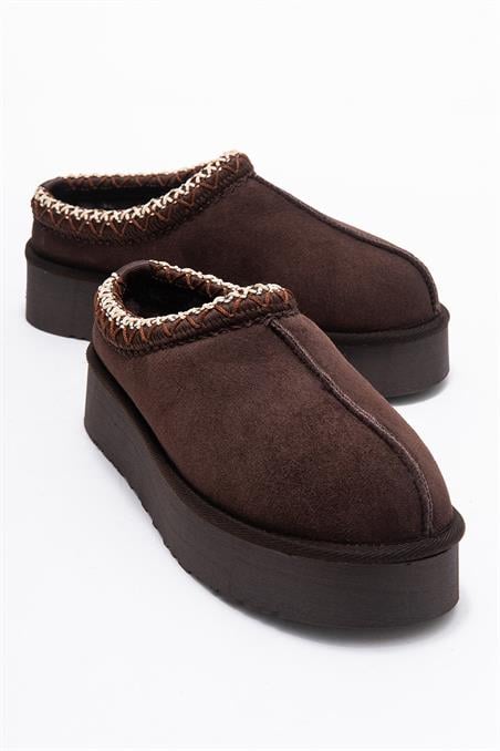 183-605-4-KAHVERENGI SUETAVELIA Kahverengi Süet Hakiki Deri Dikişli Kadın Kalın Tabanlı Kışlık Terlik