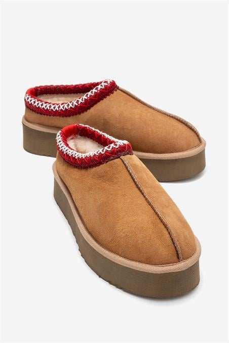 183-605-2-TABA SUETAVELIA Taba Süet Hakiki Deri Dikişli Kadın Kalın Tabanlı Kışlık Terlik