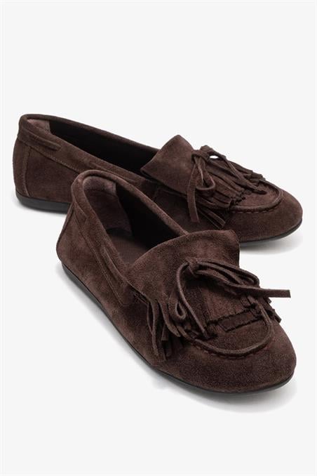 176-202-4-KAHVERENGI SUETAXELI Kahverengi Süet Hakiki Deri Fiyonklu Saçaklı Kadın Loafer Ayakkabı