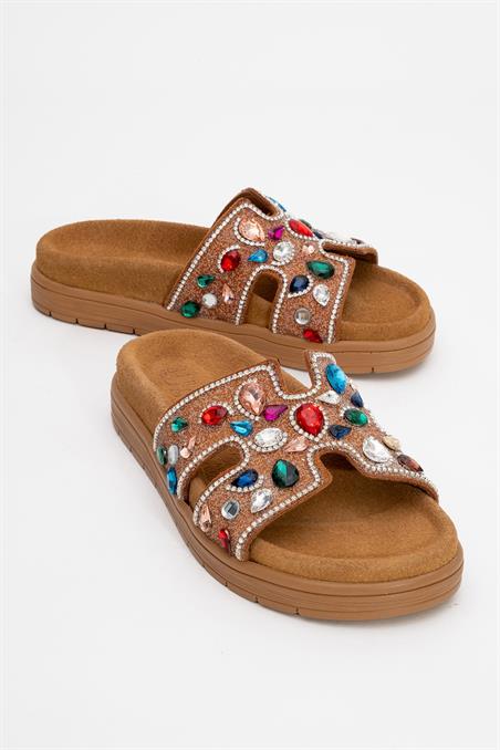 85-955-2-TABABRAVE Taba Hakiki Deri Renkli Taşlı Kadın Terlik