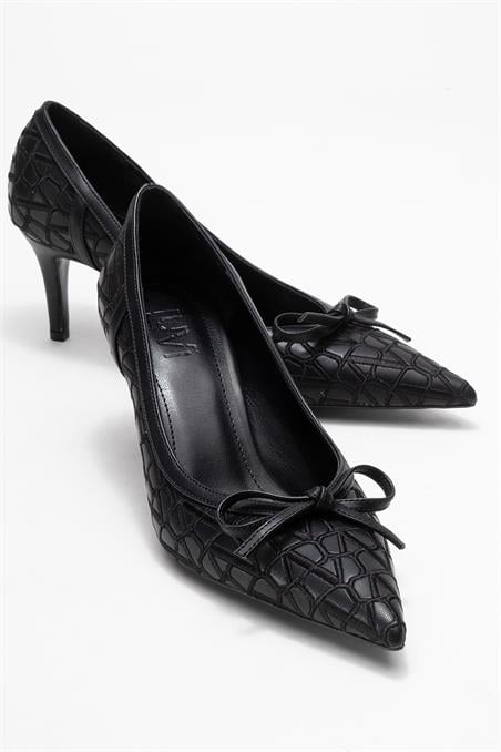 80-3090-1-SIYAHCAMDEN Siyah Desenli Fiyonklu Kadın Topuklu Ayakkabı