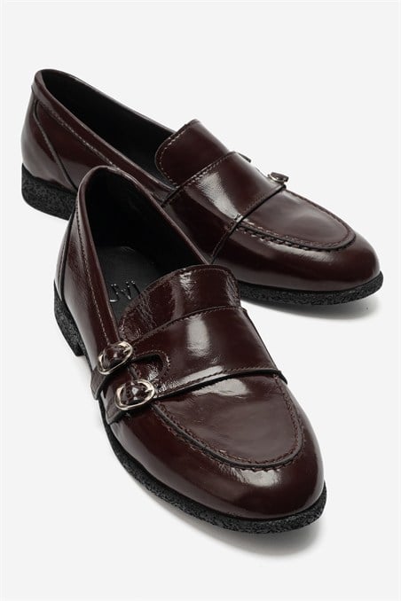 46-2160-4-BORDO KIRISIK RUGANDALY Bordo Kırışık Rugan Hakiki Deri Tokalı Kadın Loafer Ayakkabı