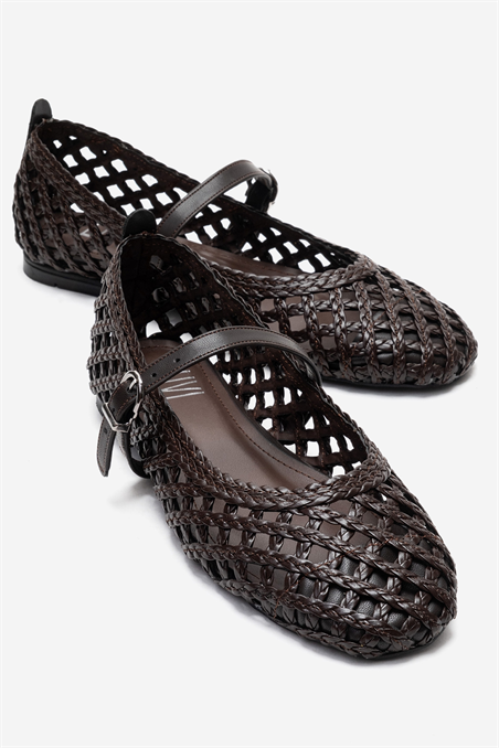 124-6068-4-KAHVERENGIDOUX Kahverengi Örgü Dokulu Bant Detaylı Kadın Babet Ayakkabı