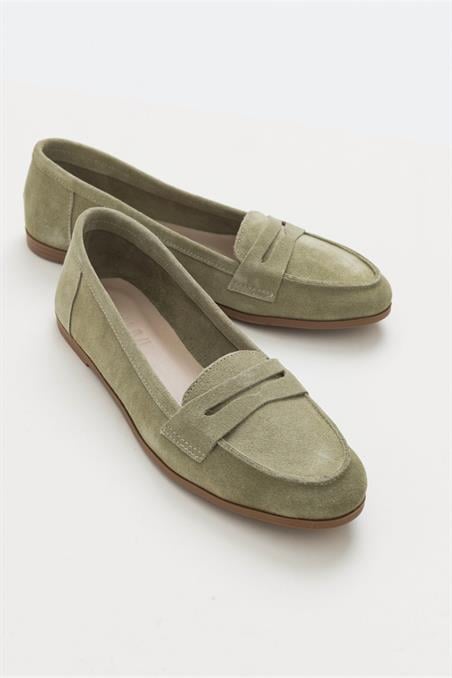 63-F02-22F02 Açık Yeşil Süet Hakiki Deri Kadın Loafer Ayakkabı