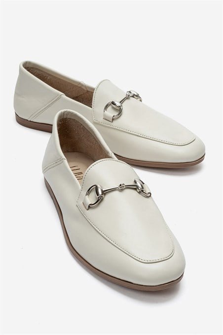 63-F03-34-KREM CILTF03 Krem Cilt Hakiki Deri Kadın Loafer Ayakkabı
