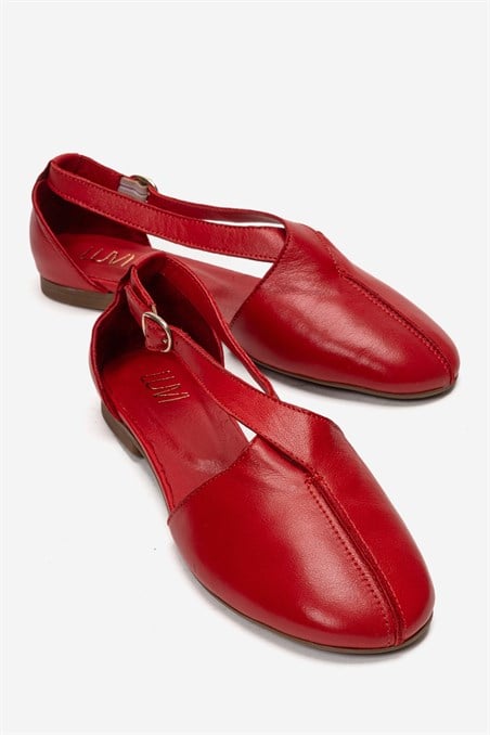 171-100-4-KIRMIZI CILTFABLE Kırmızı Cilt Hakiki Deri Yanları Açık Kadın Babet Ayakkabı