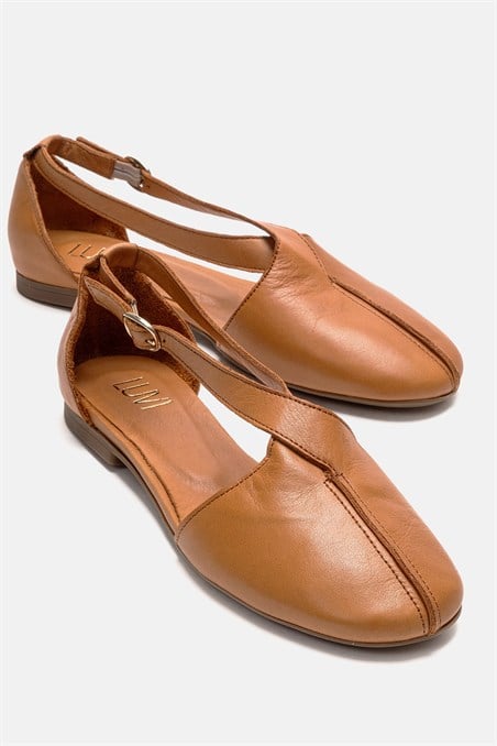 171-100-5-TABA CILTFABLE Taba Cilt Hakiki Deri Yanları Açık Kadın Babet Ayakkabı