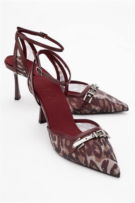 225-0524-2-BORDO DESENLIGİORNO Bordo Desenli Fileli Tokalı Kadın Bilekten Bağlamalı Topuklu Ayakkabı