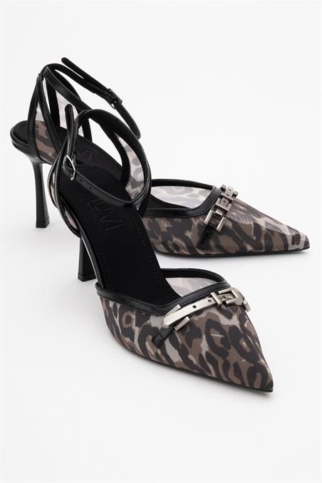 225-0524-1-SIYAH DESENLIGİORNO Siyah Desenli Fileli Tokalı Kadın Bilekten Bağlamalı Topuklu Ayakkabı