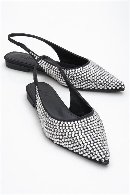 359-301-3-SIYAH/GUMUS TASLIIDA Siyah Gümüş Taşlı Sivri Burun Arkası Açık Kadın Babet Ayakkabı