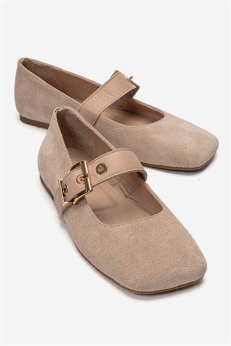 98-28182-2-BEJ SUETJONAS Bej Süet Hakiki Deri Kemerli Kadın Babet Ayakkabı