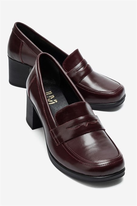 139-10-5-BORDO CILTKELLYS Bordo Cilt Hakiki Deri Kadın Topuklu Loafer Ayakkabı