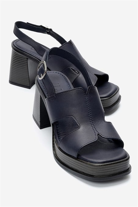 98-D2261-6-LACIVERT CILTKEVIN Lacivert Cilt Hakiki Deri Kadın Platform Topuklu Sandalet
