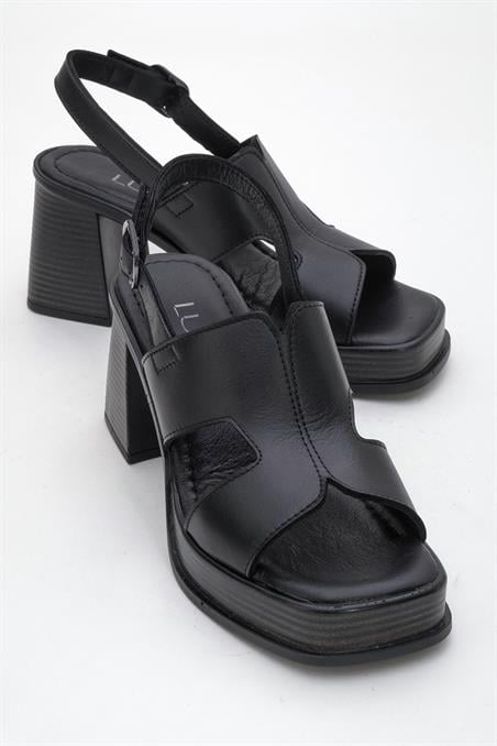 98-D2261-2-SIYAH CILTKEVIN Siyah Cilt Hakiki Deri Kadın Platform Topuklu Sandalet
