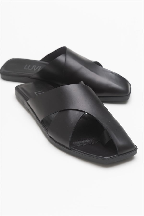 9-803-1-SIYAH CILTLAND Siyah Cilt Hakiki Deri Kadın Terlik