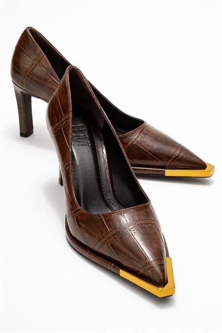 225-1828-1-KAHVERENGI BASKILIORA Kahverengi Baskı Altın Detaylı Kadın Blok Topuklu Topuklu Ayakkabı