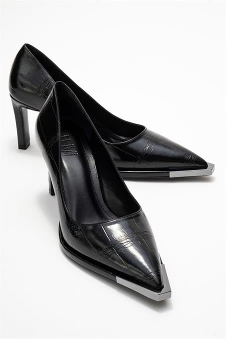 225-1828-2-SIYAH BASKILIORA Siyah Baskı Platin Detaylı Kadın Blok Topuklu Topuklu Ayakkabı