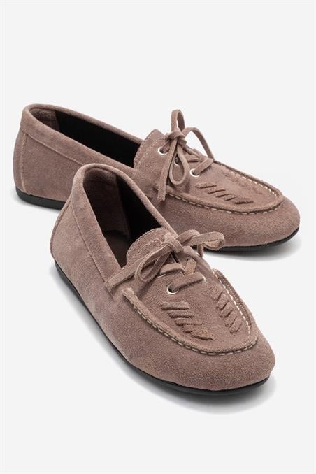 176-203-5-VIZON SUETLORVEN Vizon Süet Hakiki Deri Bağcıklı Kadın Loafer Ayakkabı