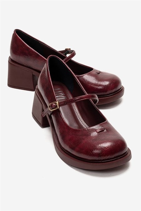 124-6102-2-BORDOLUANDA Bordo Bantlı Kadın Kalın Topuklu Mary Jane Ayakkabı