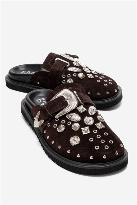 222-24066-3-KAHVERENGI SUETMARİL Kahverengi Süet Hakiki Deri Kemerli Tokalı Burnu Kapalı Kadın Terlik