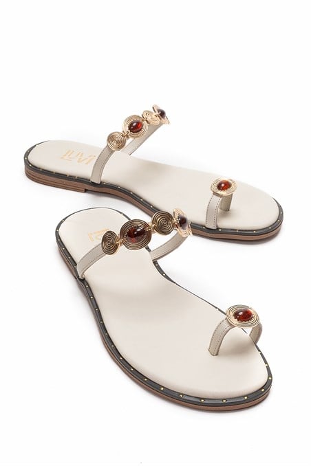 139-70-2-KREMMARTINEZ Krem Tokalı Hakiki Deri Kadın Parmak Arası Terlik