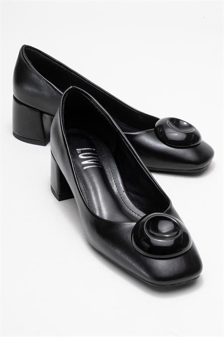 124-8551-1-SIYAHMILA Siyah Tokalı Kare Burunlu Kadın Kalın Topuklu Ayakkabı