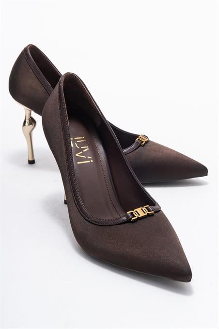 80-9076-2-KAHVERENGI SATENMILOS Kahverengi Saten Tokalı Kadın Topuklu Ayakkabı