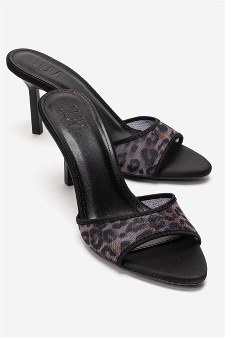 193-519-3-SIYAH DESENLIMONROE Siyah Desenli File Detaylı Kadın Topuklu Terlik