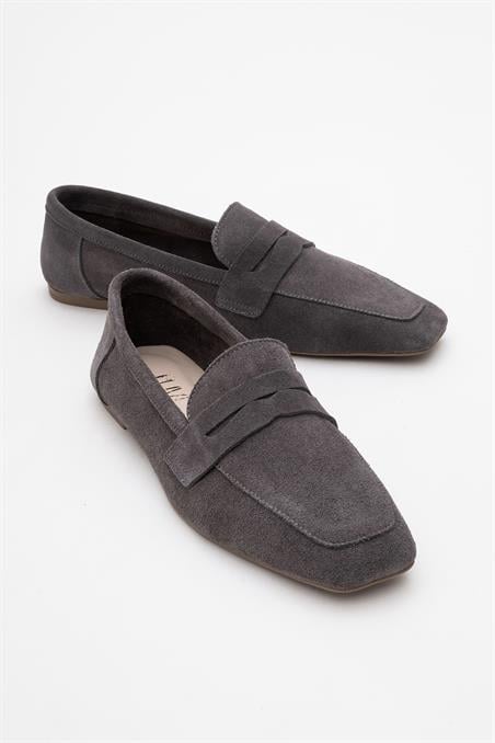 63-K02-1-FUME SUETMORNE Füme Süet Hakiki Deri Kadın Loafer Ayakkabı