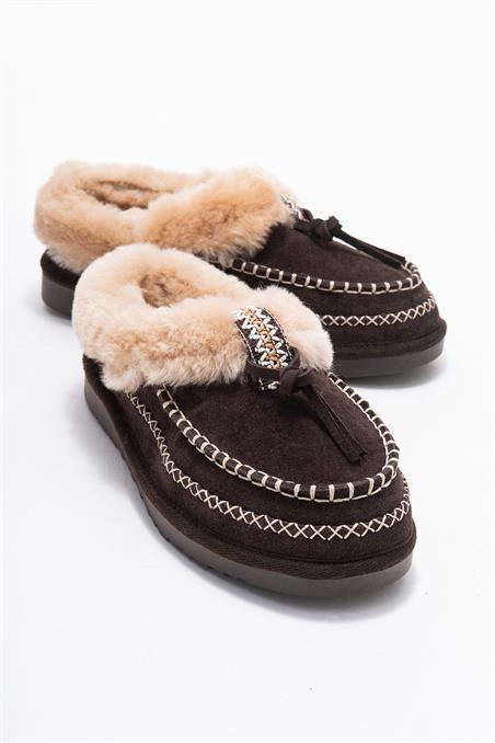 183-706-4-KAHVERENGI SUETNORIEL Kahverengi Süet Hakiki Deri Dikişli Kürklü Kadın Makosen Terlik