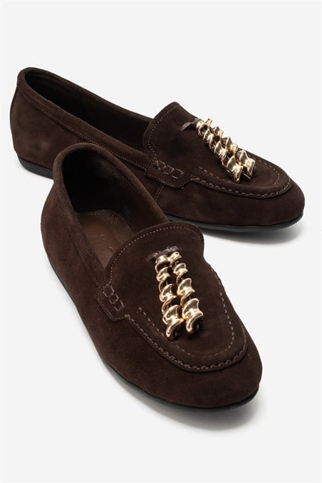 176-302-2-KAHVERENGI SUETNOWELL Kahverengi Süet Hakiki Deri Metal Fiyonklu Kadın Loafer Ayakkabı