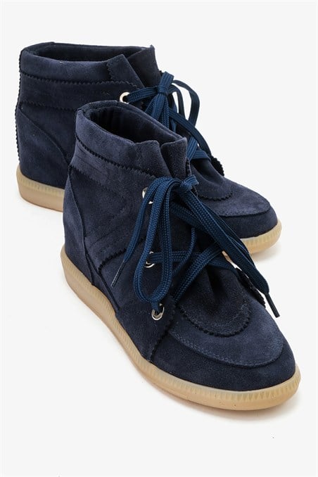 41-900-3-LACIVERT SUETOLETA Lacivert Süet Hakiki Deri Gizli Dolgu Topuklu Kadın Sneaker Bot