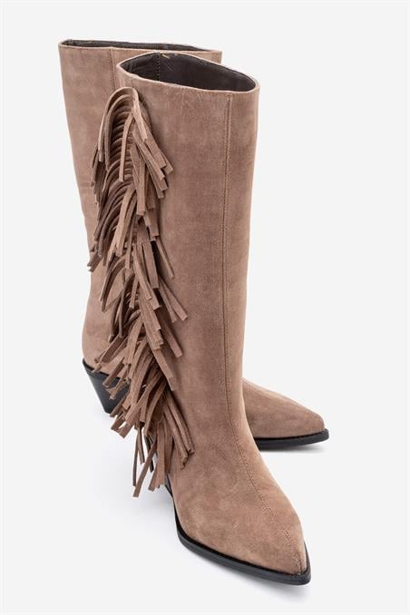 86-223-3-TOPRAK SUETORLO Toprak Süet Hakiki Deri Püsküllü Kadın Western Çizme