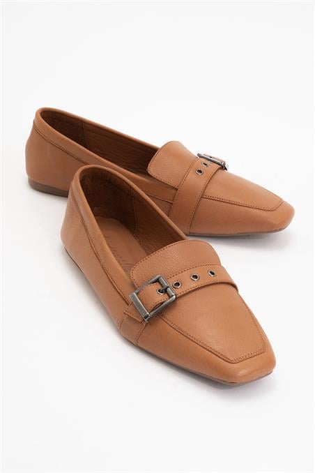 177-32308-2-TABA CILTPERIWINKLE Taba Cilt Hakiki Deri Kemerli Kadın Loafer Ayakkabı