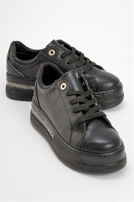 74-600-1-SIYAHPOEM Siyah Taşlı Kalın Tabanlı Kadın Spor Ayakkabı