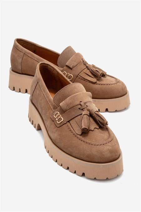 179-144-3-TABA NUBUKPOEN Taba Nubuk Hakiki Deri Püsküllü Kadın Loafer Ayakkabı