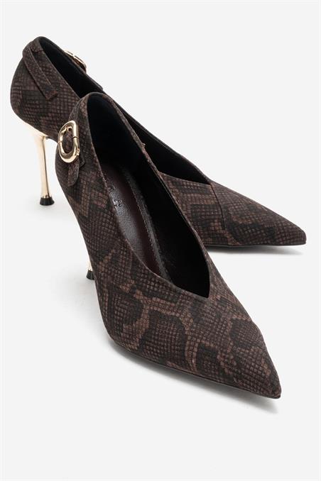 190-8129-2-KAHVERENGI DESENLIPOLLY Kahverengi Desenli Tokalı Kadın Topuklu Ayakkabı