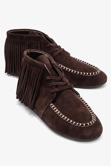 176-210-2-KAHVERENGI SUETRAUX Kahverengi Süet Hakiki Deri Saçaklı Kadın Bilekte Bot