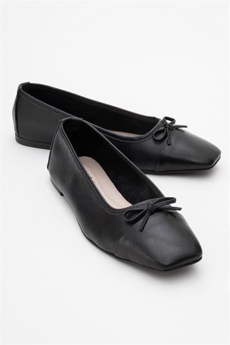 63-K03-1-SIYAH/SIYAH CILTROMY Siyah-Siyah Cilt Hakiki Deri Küt Burunlu Fiyonklu Kadın Babet Ayakkabı