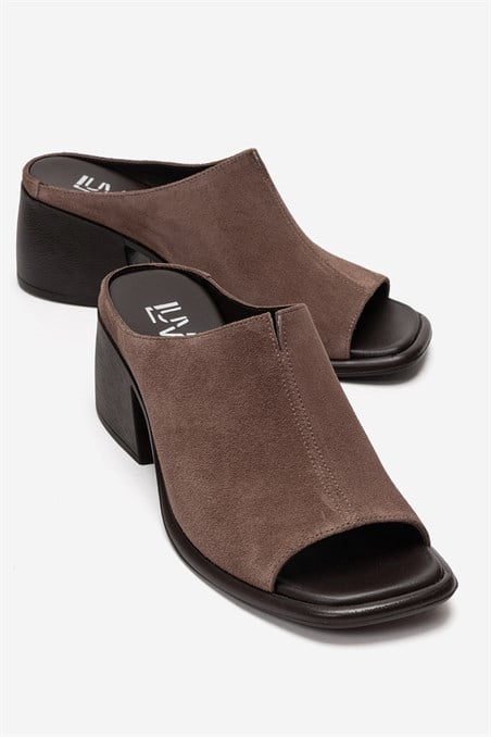 186-1069-2-VIZON SUETSOREX Vizon Süet Hakiki Deri Kadın Kalın Topuklu Terlik