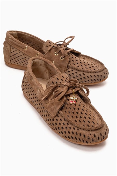 176-400-6-TOPRAK SUETSTEVO Toprak Süet Hakiki Deri Delikli Bağcıklı Kadın Loafer Ayakkabı