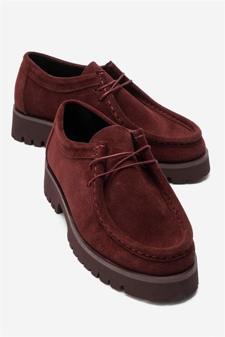 179-129-6-BORDO SUETTALIA Bordo Süet Hakiki Deri Bağcıklı Kadın Loafer Ayakkabı