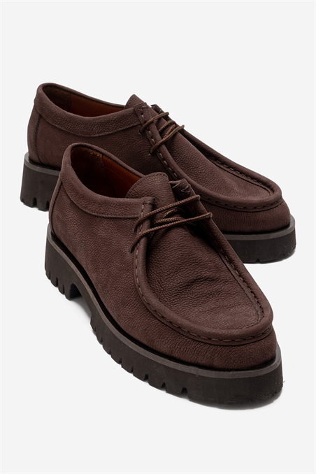 179-129-4-KAHVERENGI NUBUKTALIA Kahverengi Nubuk Hakiki Deri Bağcıklı Kadın Loafer Ayakkabı