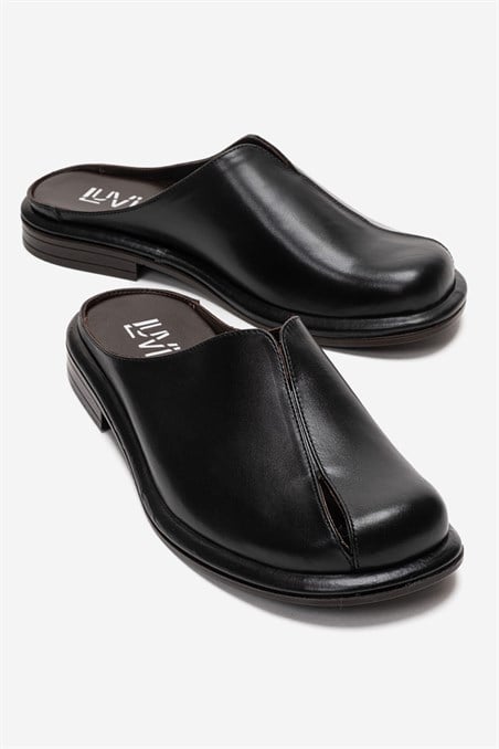186-1229-2-SIYAH CILTTANSY Siyah Cilt Hakiki Deri Önü Kapalı Kadın Terlik