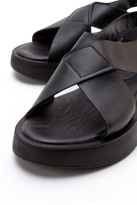 VOGG Siyah Cilt Hakiki Deri Kadın Sandalet