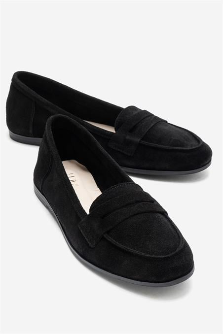 63-F02-24F02 Siyah Süet Hakiki Deri Kadın Loafer Ayakkabı